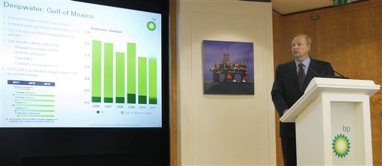 BP CEO Bob Dudley speaks at a news conference at their headquarters in London, announcing it is resuming dividend payouts for the first time since the Gulf of Mexico offshore oil spill disaster. 